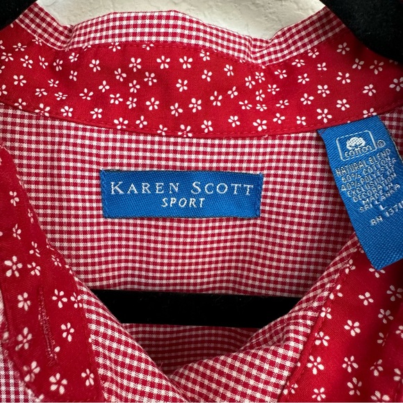 Karen Scott Red Gingham Check Christmas Holiday Snowman Button Up Top L - Picture 7 of 8